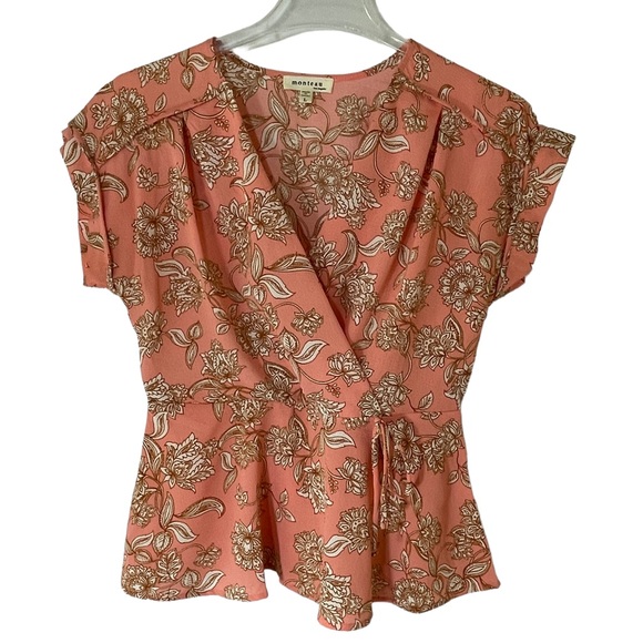 Monteau Tops - Monteau Los Angeles Peach Floral Surplice Neck Peplum Top